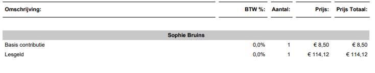 De contributie is dus opgebouwd uit de onderdelen Basiscontributie en Lesgeld. Het gaat hier om een selectielid dus per seizoen ontvangt de accounthouder 10 facturen (10 termijnen).