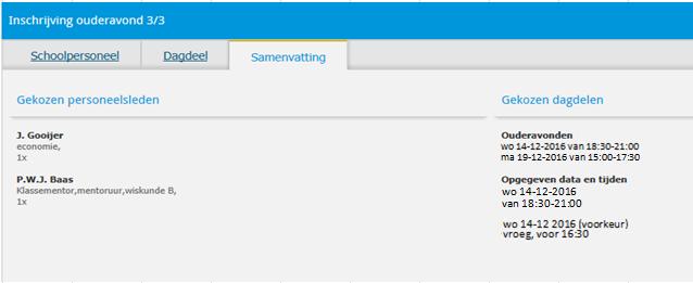 Op het tabblad Samenvatting krijgt u de opgegeven docenten te zien met de