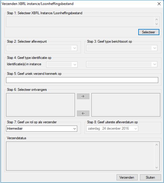 2.1 XBRL instance verzenden Na het klikken op de knop Verzenden bestand in het communicatiedeel van de XCM-werkbalk verschijnt het volgende scherm: 2.1.1 Stap 1 De te verzenden XBRL-instance of het te verzenden loonheffingsbestand dient bij de eerste stap te worden geselecteerd.