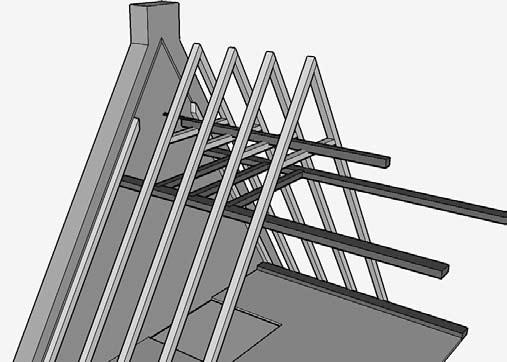 3d-Visualisatie van de bouwsporen van opening in het achterste deel van het dak en de vlieringvloer (tekening E. Orsel 2008) Zwolle.