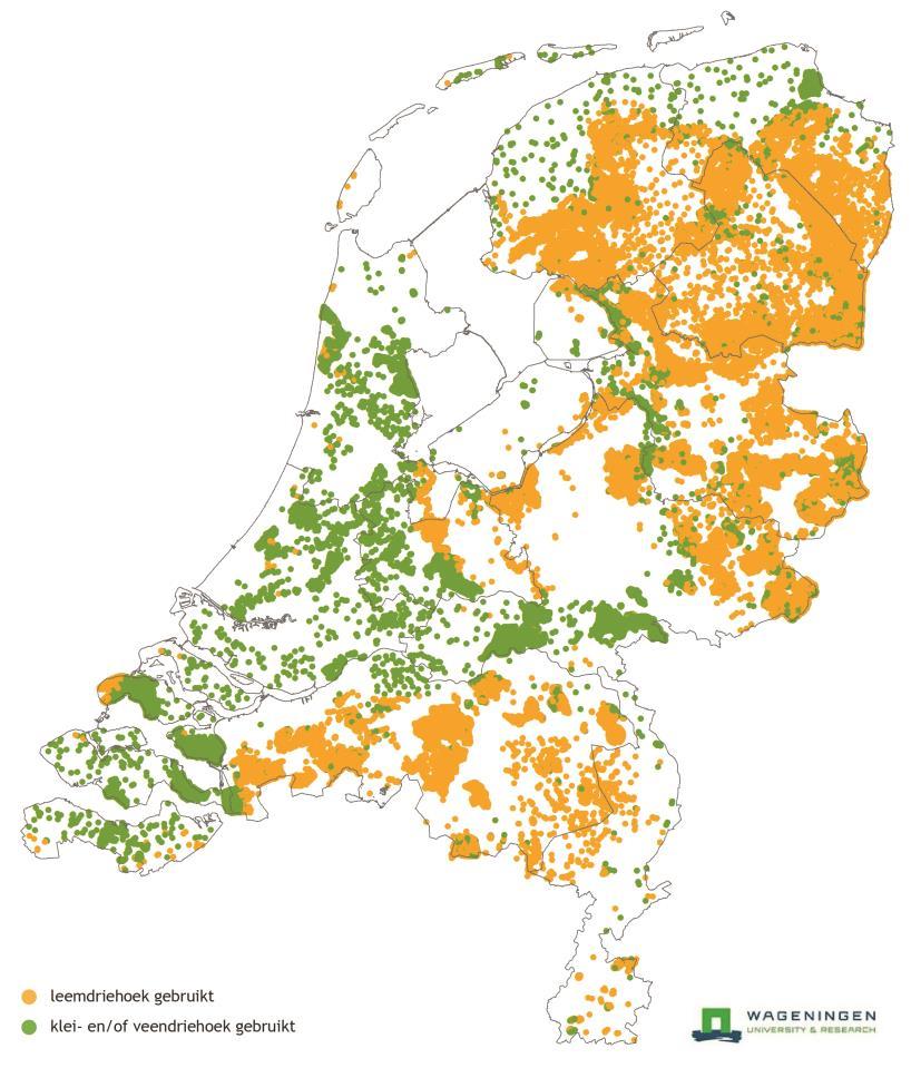 hooggelegen delen van Nederland die met deze begrippen vertrouwd zijn. Figuur 10. De verbreiding van bodemprofielen waarvoor de leemdriehoek is gebruikt, gebaseerd op de gegevens in BIS Nederland. 3.