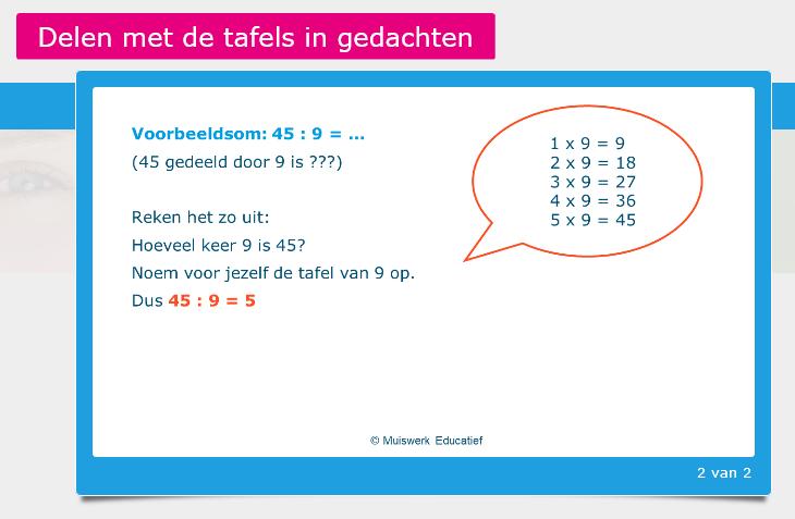 Uitlegscherm bij oefening C2 met de tafel in het achterhoofd. Er is een spanningsveld tussen het delen van 2 getallen en het nemen van een verhouding.