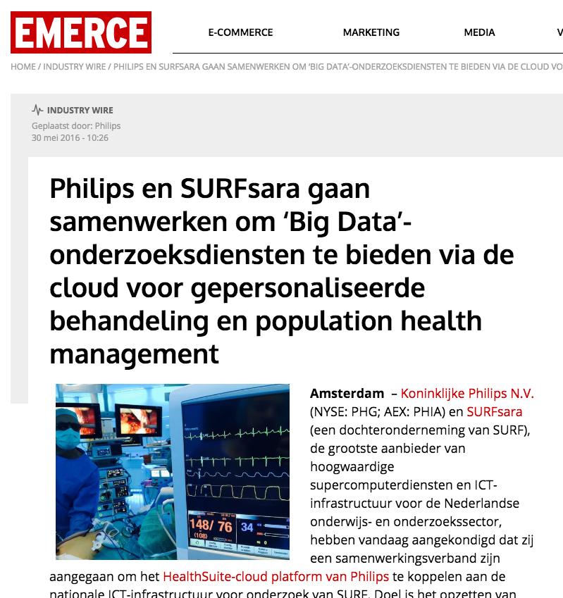 Samenwerking met Philips Start van samenwerking Onderzoek naar : - Toegang tot Nationale e-infrastructuur via Philips Health Suite voor
