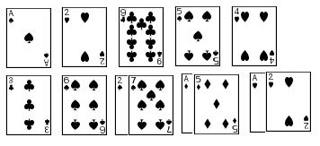 Draai je om zo dat je niet ziet welke kaarten er getrokken worden. Stel dat hij, zoals op de figuur hiernaast, de kaarten drie, vijf en acht trekt.