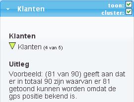 Klanten laat het totaal aantal klanten zien en het aantal dat getoond is op de kaart, waarvan de