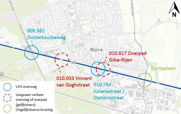 2.4 Spoorkruisingen in de nabije omgeving In een straal van 2 km rondom de overweg Julianastraat liggen vier andere spoorkruisingen.