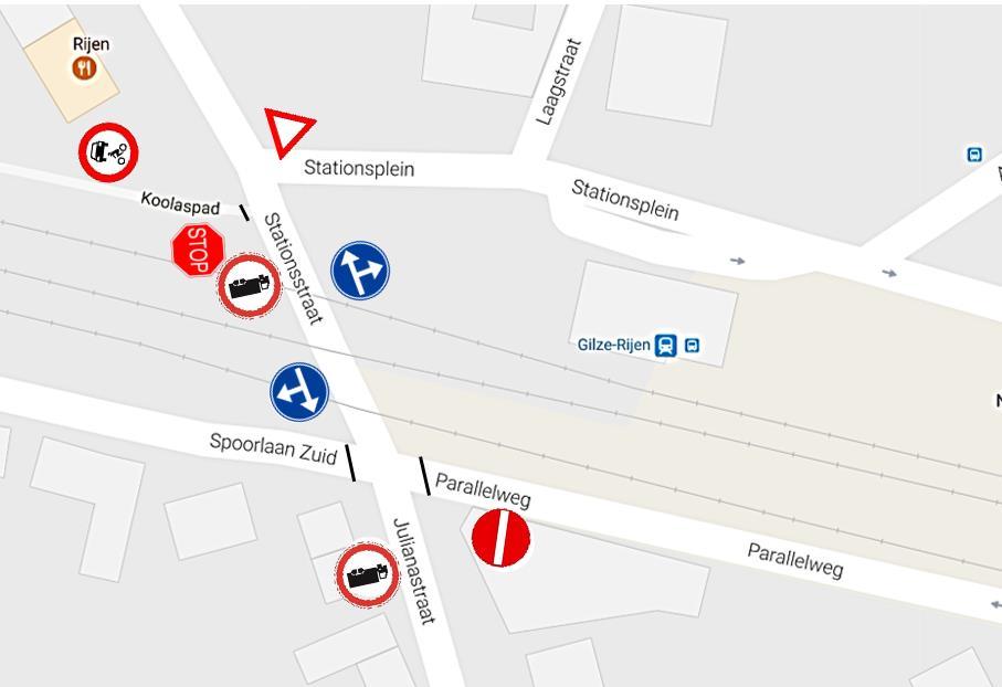 Gemotoriseerd verkeer Aan weerszijden van overweg Stationsstraat/Julianastraat bevinden zich twee kruisingen: Kruising Julianastraat/Spoorlaan Zuid/Parallelweg ten zuiden van de overweg.
