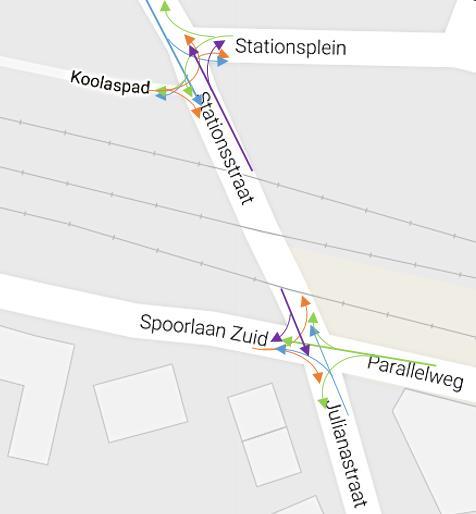 De Spoorlaan Zuid en de Parallelweg zijn door middel van een uitritconstructie aangesloten op de Julianastraat. De Parallelweg is ingericht voor éénrichtingsverkeer van oost naar west.