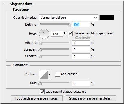 CTRL + A, CTRL + C, ga naar je werk, CTRL + V CTRL + T transformeer naar 75% Plaats in de linker boven hoek. Laagstijl: Slagschaduw: vermenigvuldigen, dekking 75, afstand 1, grootte 1 23.