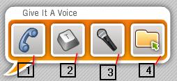 3.3 Geef je avatar een stem Voki geeft je 4 mogelijkheden om je avatar te laten spreken 1: via een telefoonopname 2: door het intypen van tekst 3: door live een bericht in te spreken via je microfoon