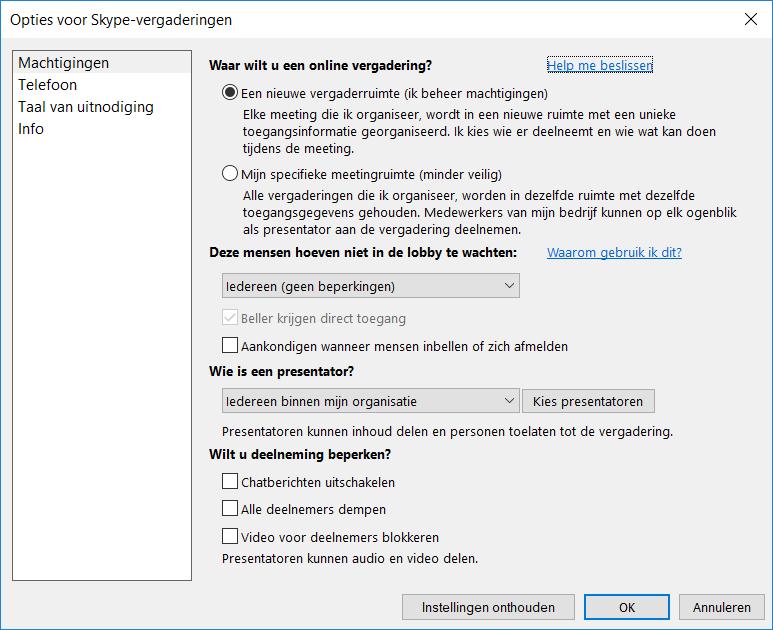 Machtigingen voor de Skype-vergadering aanpassen 1. Kies voor Een nieuwe vergaderruimte. 2.