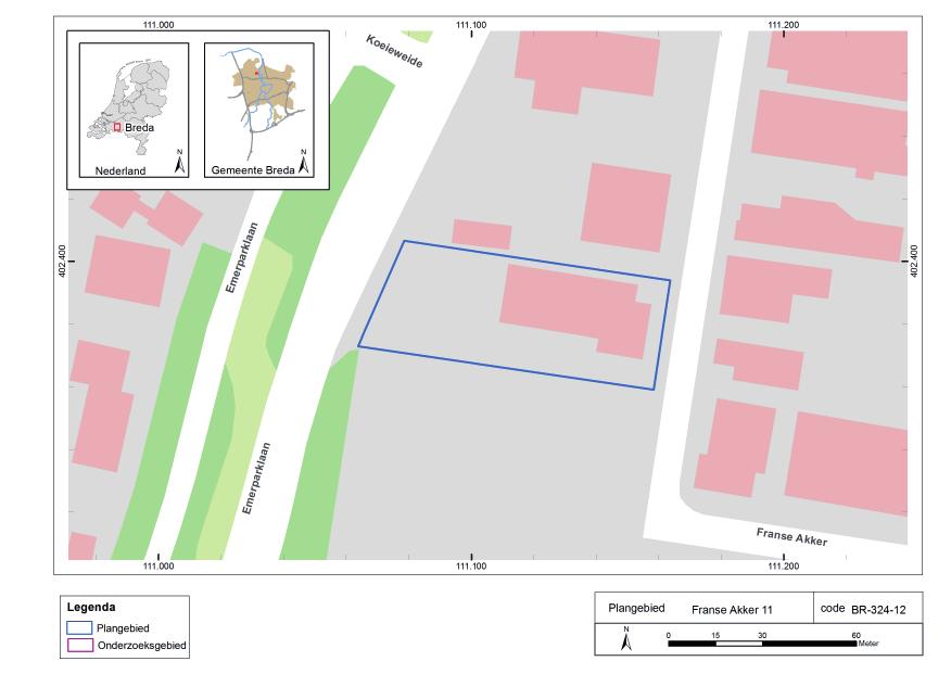 2 LIGGING EN AARD VAN HET TERREIN Afb. 1. Plangebied Franse Akker 11 op topografisch ondergrond.