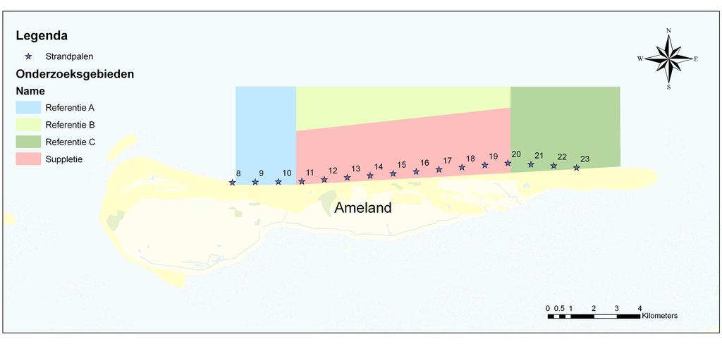 2 Methoden 2.1 Bemonstering Figuur 2 Overzicht onderzoeksgebied Ameland midden. Aangegeven zijn de strandraaien (kilometer 8 tot en met kilometer 23) en de deelgebieden.