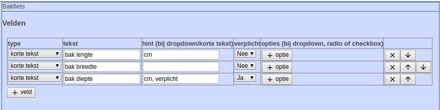 Wanneer men het icoontje voor de optie aanklikt, kunnen bij betreffende optie subvelden worden toegevoegd, gewijzigd en gedefinieerd.