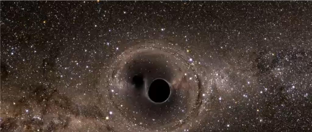 Botsen en samensmelten van zwarte gaten Twee zwarte gaten botsen 1.3 miljard jaar geleden tegen elkaar en smelten samen tot één zwart gat. Hierbij wordt ruimtetijd sterk vervormd.