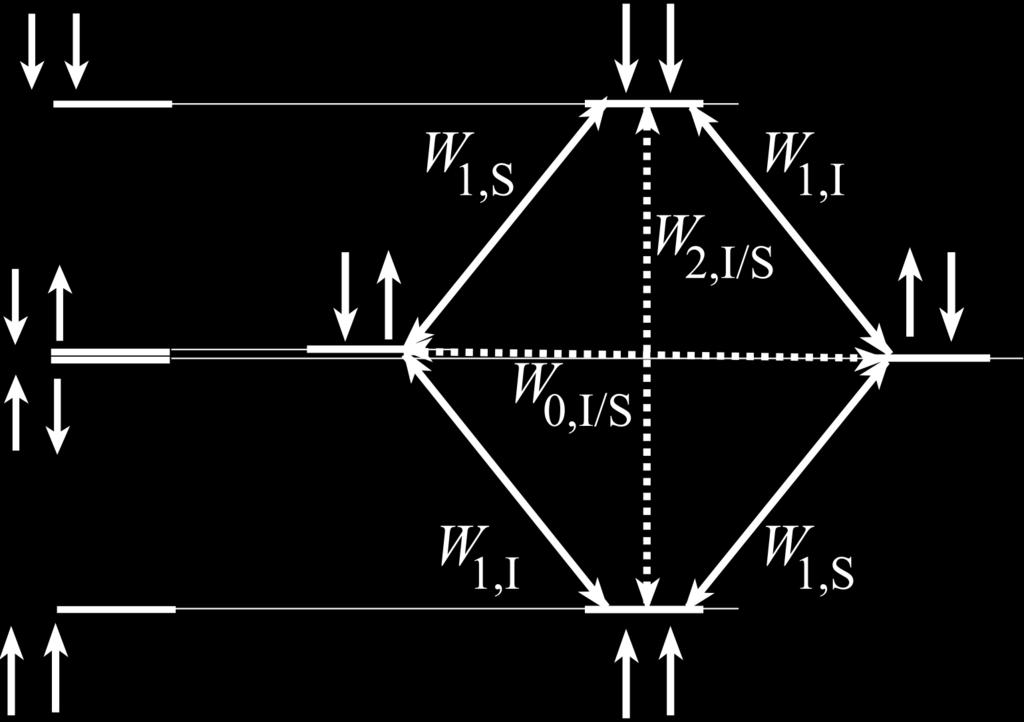 Energiediagram Het Overhauser-effect wordt veroorzaakt door niet-radiatieve transities tussen de vier