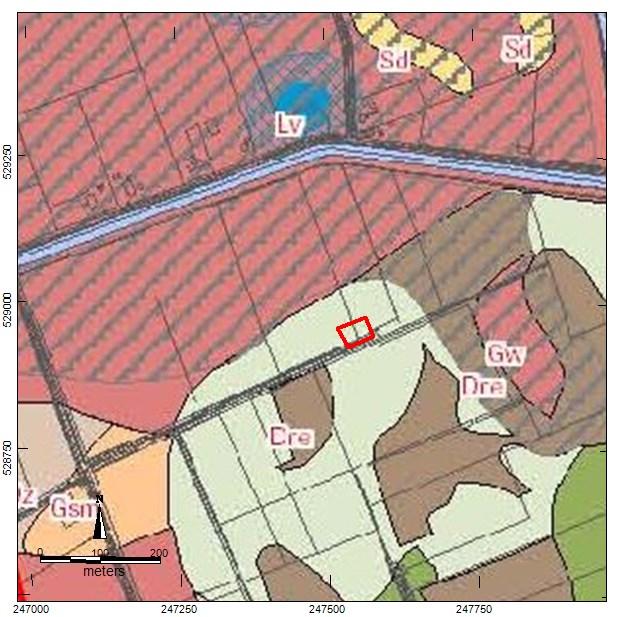 Afbeelding 11a. Archeologische landschaps- en verwachtingskaart. (lichtgroen= beekdalbodem zonder veen; donkerbruin= dekzandrug; donker roze/rood gestreept= verstoorde grondmorene welving).