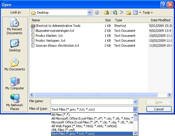 Klik op openen, kies text files als bestandstype. 1. De wizard voor het importeren van tekstbestanden in Excel verschijnt.