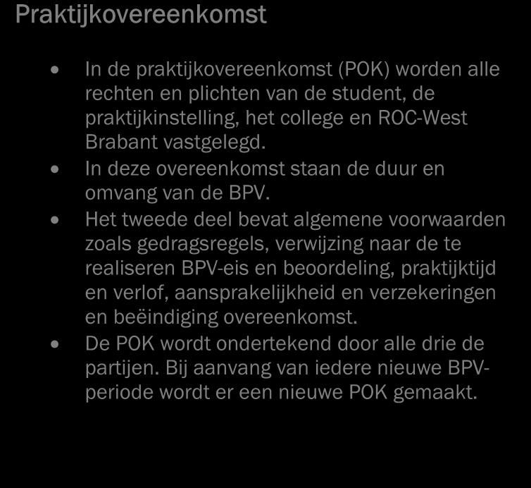 2.6.1 Praktijkovereenkomst Praktijkovereenkomst In de praktijkovereenkomst (POK) worden alle rechten en plichten van de student, de praktijkinstelling, het college en ROC-West Brabant vastgelegd.