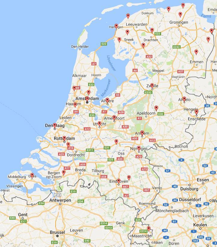 locaties van uitvoering van alle toegekende