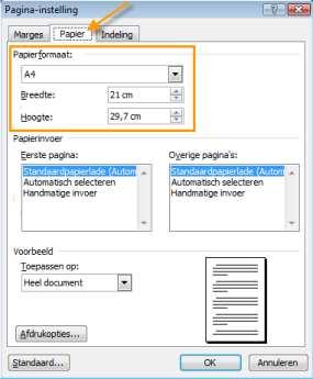 Klik in het eerste tabblad (Marges) op Liggend en bevestig deze instelling door op OK te klikken. Staande kaart Om een staande kaart te maken moet de ondermarge ingesteld worden op 14,85 cm.