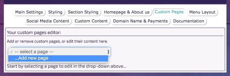 Custom Pages In deze tab kunnen extra pagina s aan de webzite worden toegevoegd: Er is een simpele HTML editor om de pagina s in aan te maken.