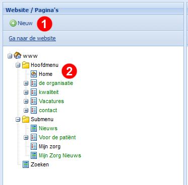 2 Lijst weergave In onderstaand voorbeeld is er in de moduleweergave eerst voor de module Pagina s gekozen, waarmee de inhoud van uw webpagina s kan worden aangepast. U ziet nu de lijstweergave (2).