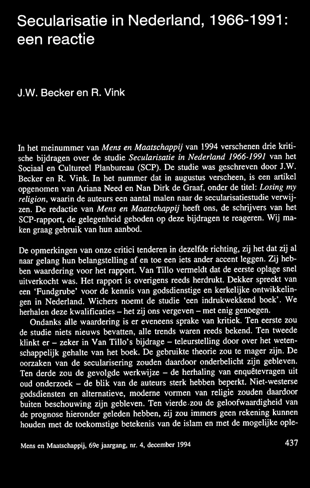Secularisatie in Nederland, 1966-1991: een reactie J.W. Becker en R.