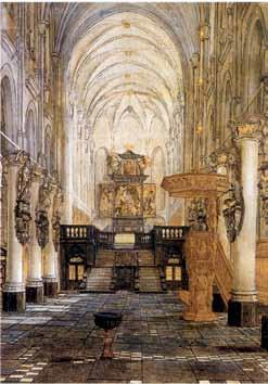 In de kathedraal verwondert de protestant Dürer zich: Onze-Lieve-Vrouwe-kerk te Antwerpen is overgroot, alzoo dat men vele missen tegelyk daer in zingt, zonder dat de een de anderen hindert, en de