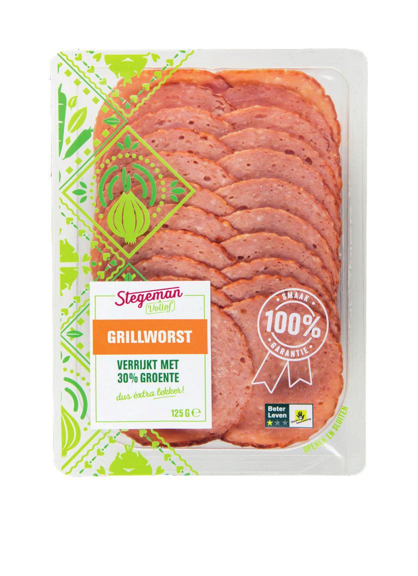 Grillworst 59% varkensvlees*, 20% KNOLSELDERIJ, 10% koolrabi, aardappelzetmeel, zout, natuurlijk aroma, specerijen, knoflook, ui, varkenseiwit, stabilisator (E451), glucosestroop, aroma, gistextract,