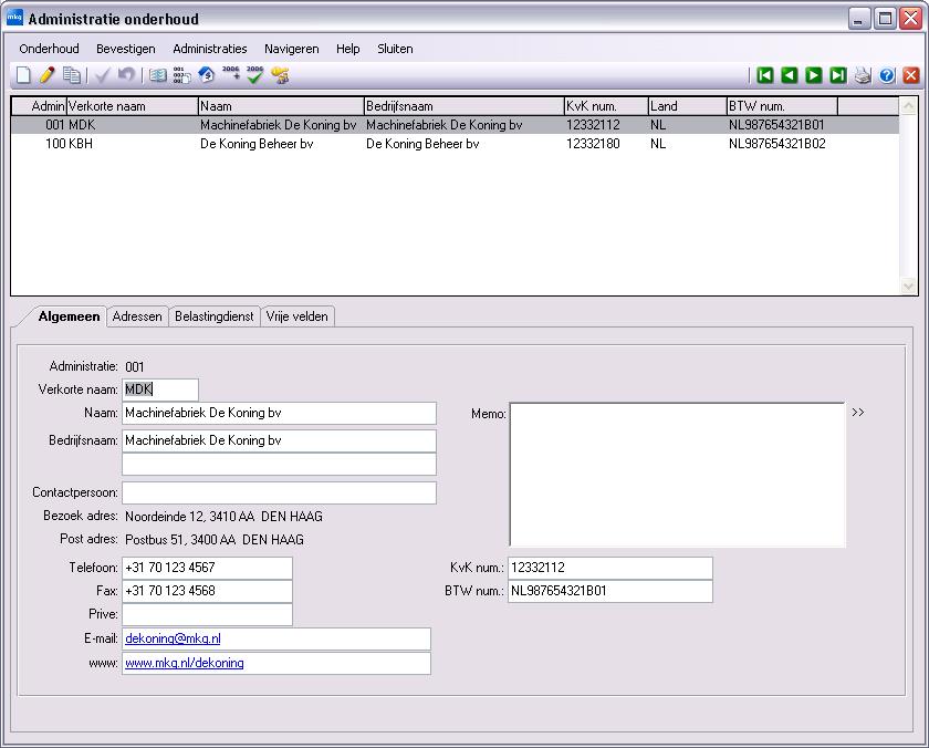 Open de module Administratie onderhoud door in het MKG menu te kiezen voor Systeem Administraties. Afbeelding 3.1.