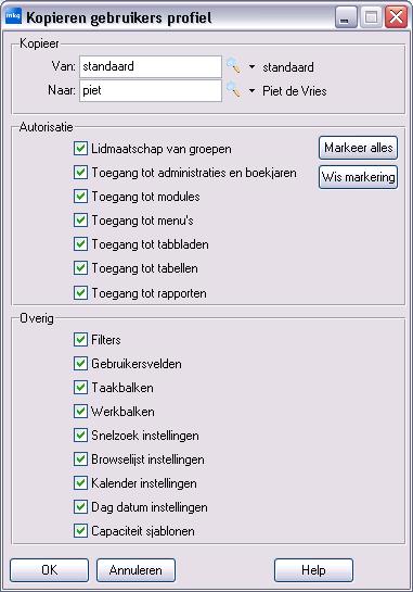 In de module Gebruikers onderhoud zoals in paragraaf 2.1 beschreven, staat op de menubalk aan de rechterkant een knop Kopiëren profiel. Het volgende scherm wordt dan geopend. Afbeelding 1.5.