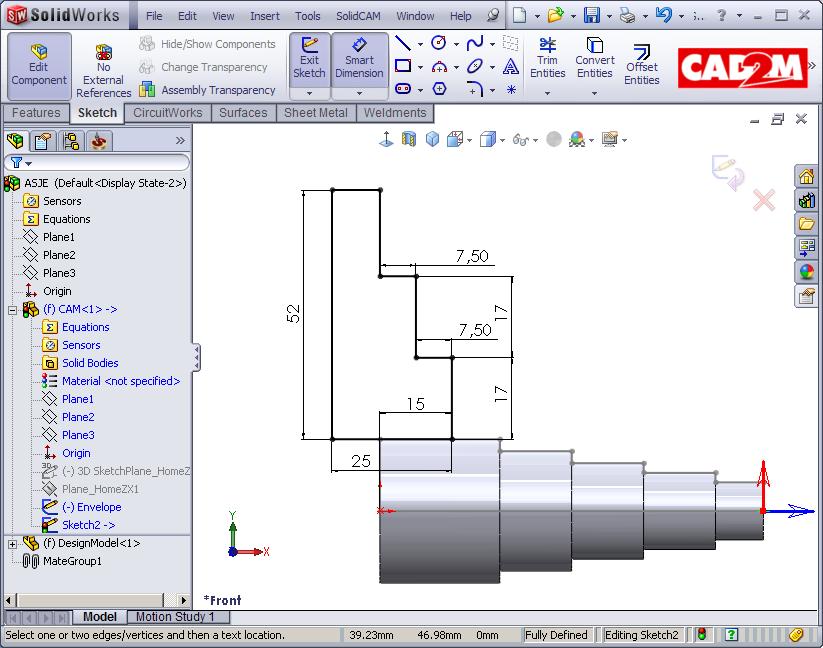 7. Je zit nu in de SolidWorks schets omgeving. Teken de schets na die rechts in het plaatje staat afgebeeld.