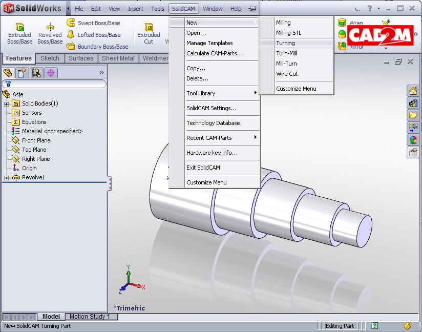 3.. Open de pull-down menu s.. Activeer het pull-down menu. 3 4 SolidCAM. 3. Klik vervolgens op New 4.