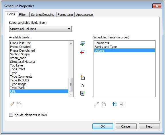 Kies achtereenvolgens Comments, Family and Type en Volume, en plaats die in de kolom Scheduled Fields door op het groene pijltje naar rechts te klikken (Als hier