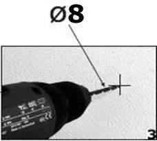 1 Gebruik een boor met een diameter van 8 mm voor A en B, maak gaten in de muur op de plekken die u heeft gemarkeerd in stap 1, steek
