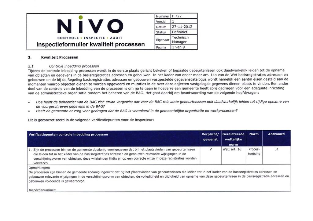 N ivo CONTROLE INSPECTIE AUDIT Inspectieformulier kwaliteit processen 2. Kwaliteit Processen F 722 1 