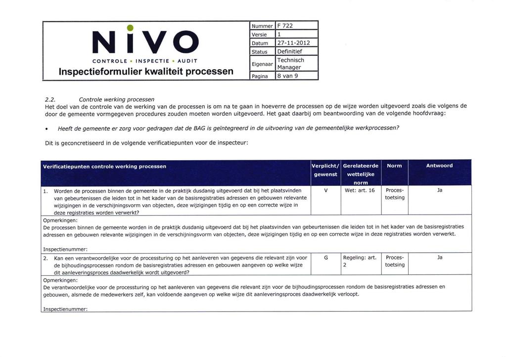 N IVO CONTROLE INSPECTIE AUDIT Inspectieformulier kwaliteit processen F 722