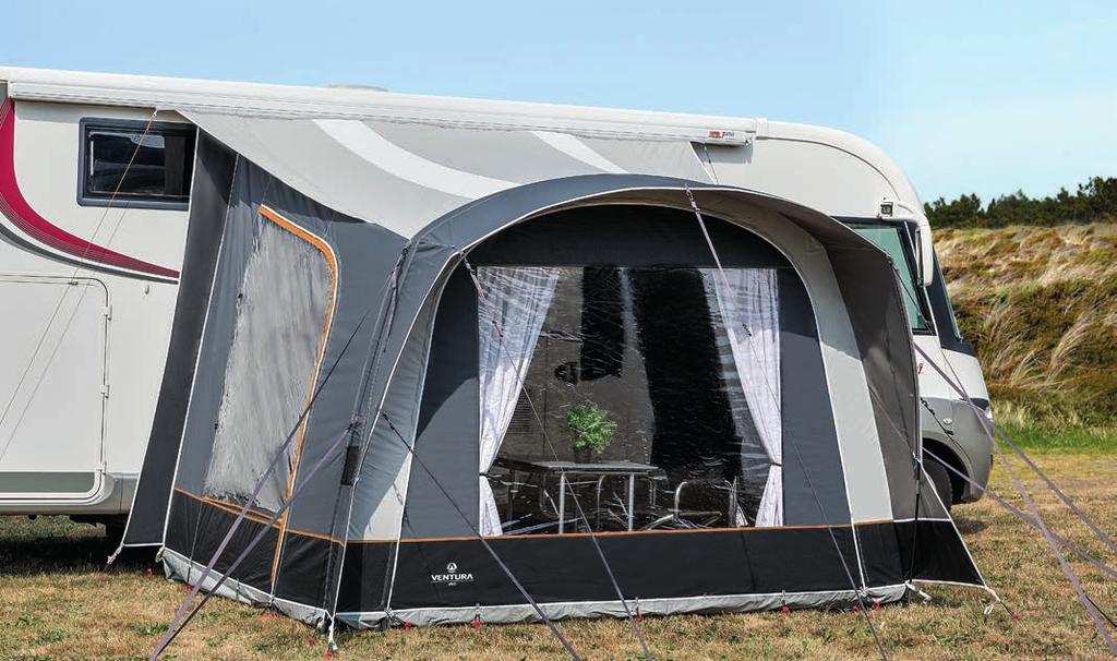 De Draught Stopper met luchtbuis zorgt voor een goede afdichting langs de caravan en met de dubbele pees kan de tent zowel aan caravans, campers als bussen worden