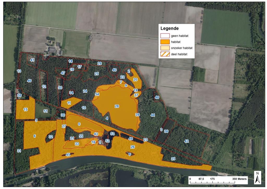 Figuur 3 Geactualiseerde habitatkaart van het gebied (Bron INBO: zomer, 2014; luchtfoto AGIV 2014). Tabel 1 geeft inhoud weer van de kaartvlaknummers.