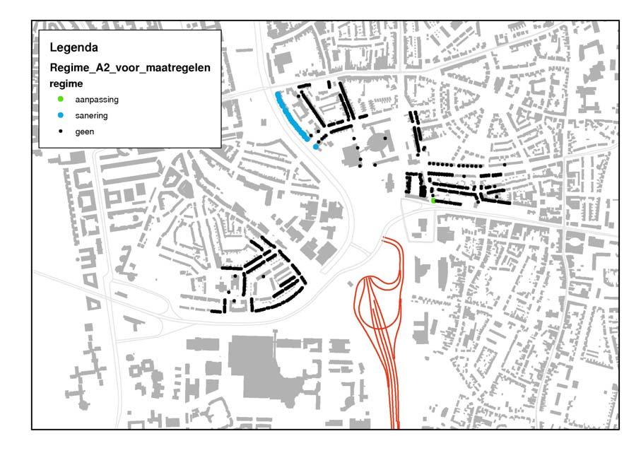 Figuur 5-5 Geen geluidsmaatregelen voor de bestemmingen vanwege A2 binnen cluster 41 en 45. Uit de berekeningen volgt dat in de situatie met de tunnel de sanering wordt opgelost.