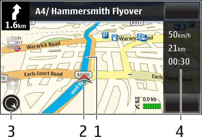 Kaarten Navigatieweergave 1 Route 2 Uw locatie en richting 3 Kompas 4 Informatiebalk (snelheid, afstand, tijd) Verkeers- en veiligheidsinformatie opvragen Rijd comfortabeler dankzij realtime