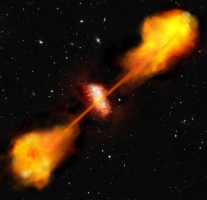 165 Figuur 3: Artist impressie van vuurwerk in het vroege universum een radio sterrenstelsel met een steruitbarsting. Figuur niet op schaal. Credit ESA/Christophe Carreau/ ATG medialab.