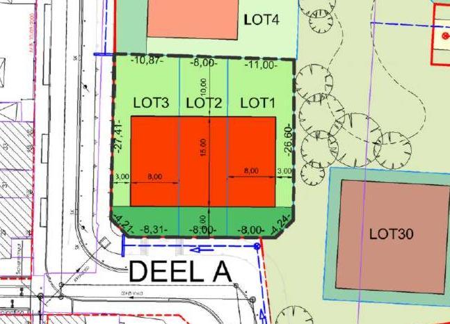 Deel A bestaat uit: - lot 1 met een oppervlakte van 322,75 m 2 - lot 2 met een oppervlakte van 239,91 m 2 - lot 3 met een oppervlakte van 330,92 m 2 Loten 1 en 3 zijn bestemd