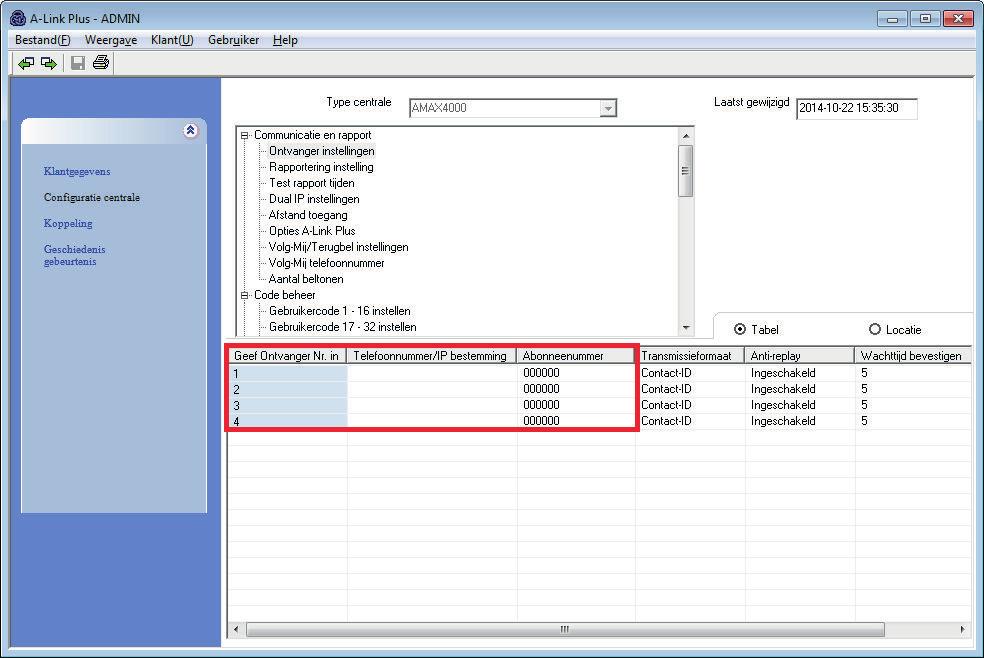 98 nl Configuratie AMAX 2100 / 3000 / 4000 Afbeelding 8.11: Configuratie van AMAX centrale abonneenummer Code installateur 1. Selecteer het item Code beheer in hetzelfde indexblad. 2. Controleer of de waarde voor de parameter Installateur code dezelfde is als de waarde die geprogrammeerd is in de AMAX centrale.