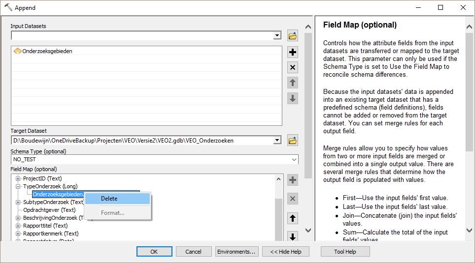 Fieldmap (hier kunnen velden aan elkaar gekoppeld worden. Velden die niet dezelfde naam hebben in de destination feature class en de source feature class worden niet automatisch gekoppeld.