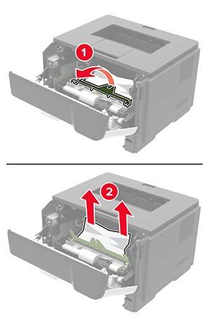 4 Verwijder de beeldverwerkingseenheid. LET OP: HEET OPPERVLAK: De binnenkant van de printer kan heet zijn.