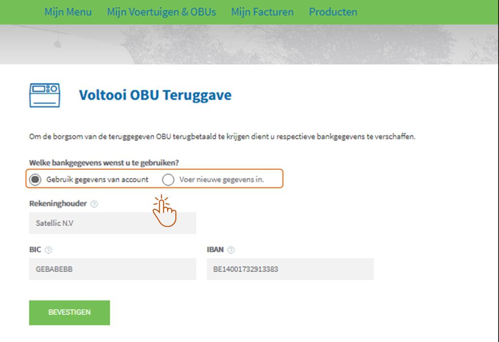 4. Selecteer Gebruik gegevens van account als u wilt dat de waarborg wordt teruggestort op de bankrekening die u hebt ingevoerd in uw account op de Road User Portal.