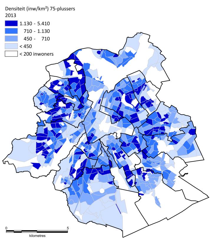 In het westen van de tweede kroon, maar bijvoorbeeld ook in het zuiden van Elsene, is zowel de bevolkingsdichtheid van de ouderen als hun aandeel in de totale bevolking hoog.