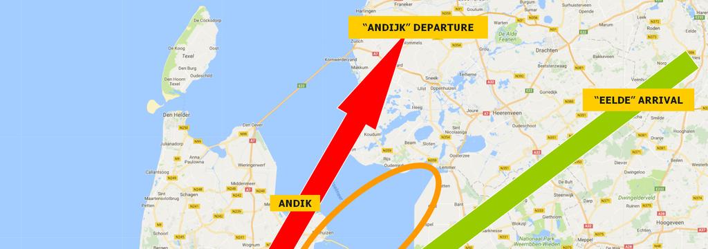 De ene stroom is de Andijk Departure, vertrekkend verkeer over Andijk (routepunt ANDIK).
